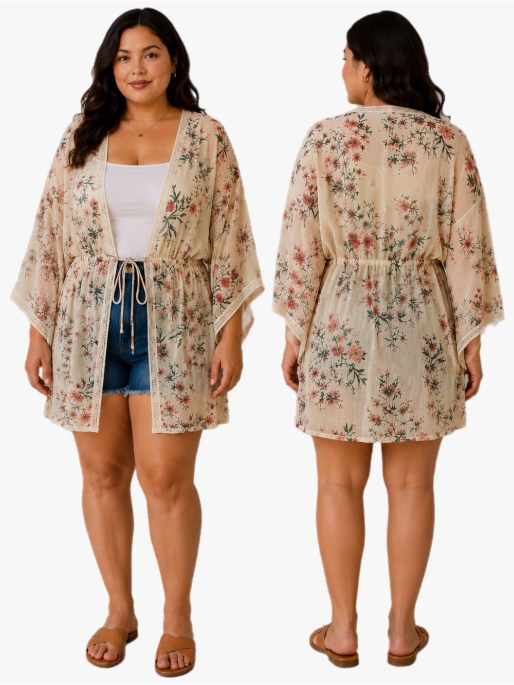 Boutique Plus Size 3X Floral Boho Kimono Cardigan Sheer Tie Front Cover Up